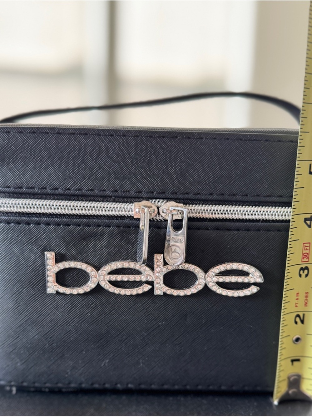 Black “Bebe” Bling Rhinestone Logo Hard Shell Makeup Case with Top Handle - Picture 5 of 9